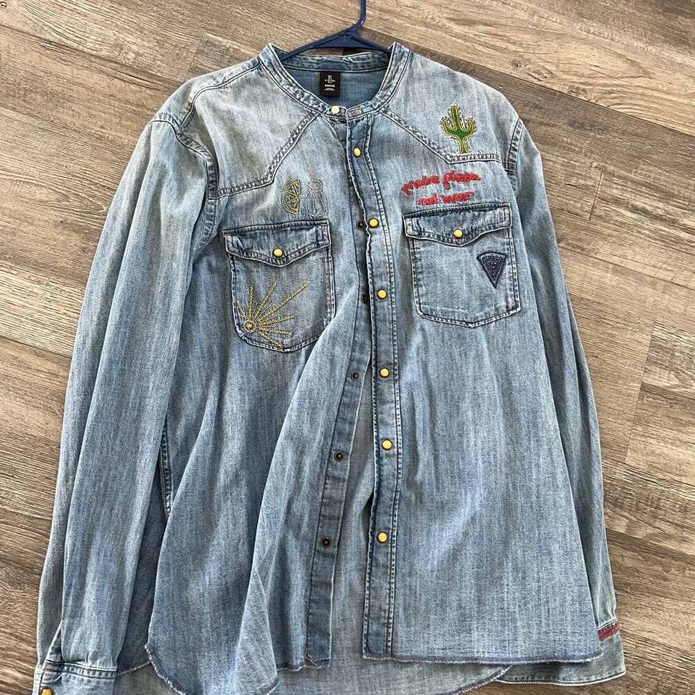 Embroidered Denim Shirt with Cactus Design